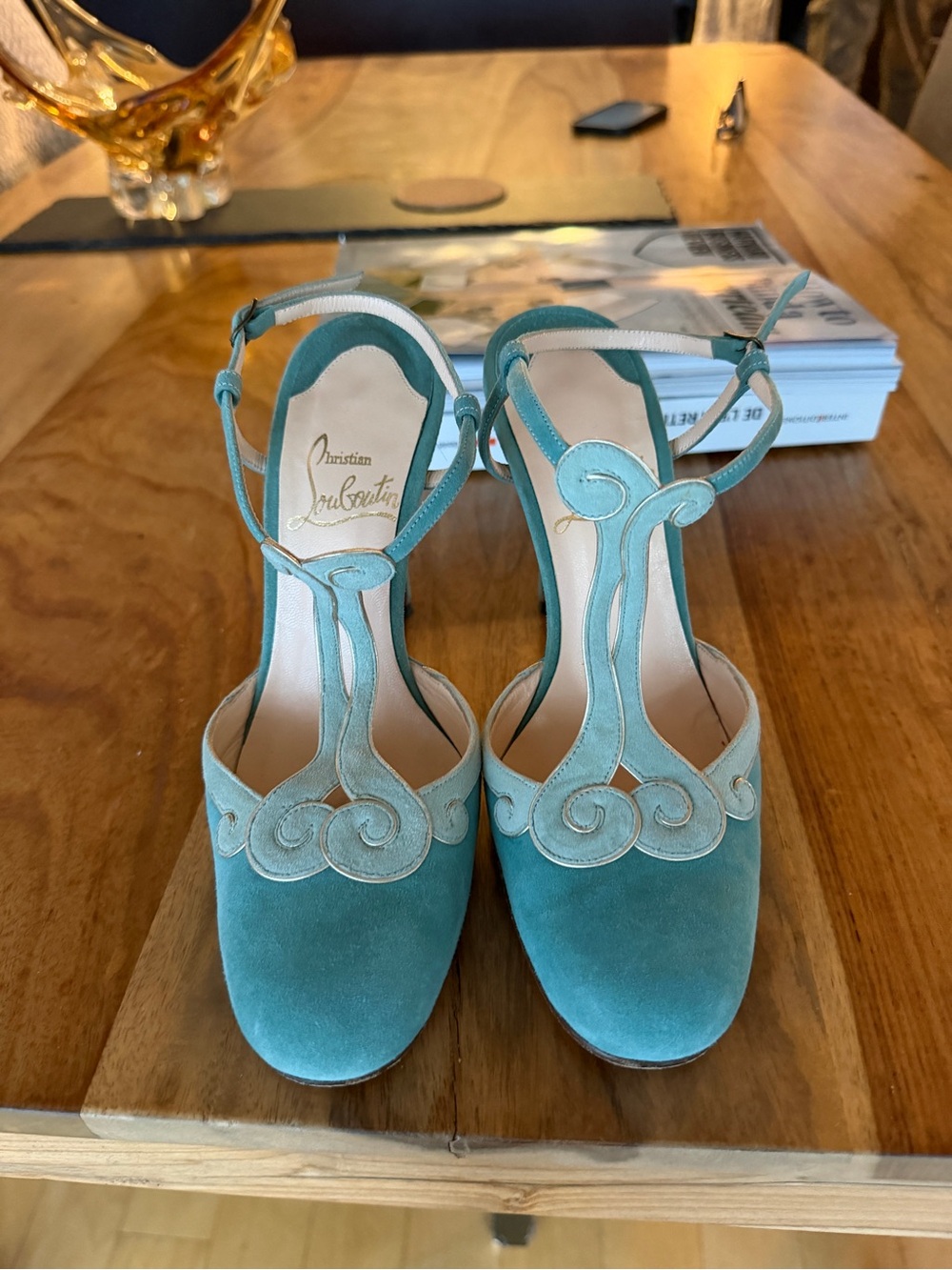Christian Louboutin Teal Suede T-Strap Pumps with Scroll Detail